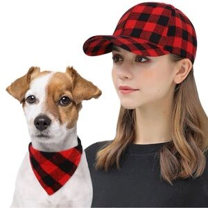 3 for $10 Red and Black Plaid Dog Bandana and Cap Set